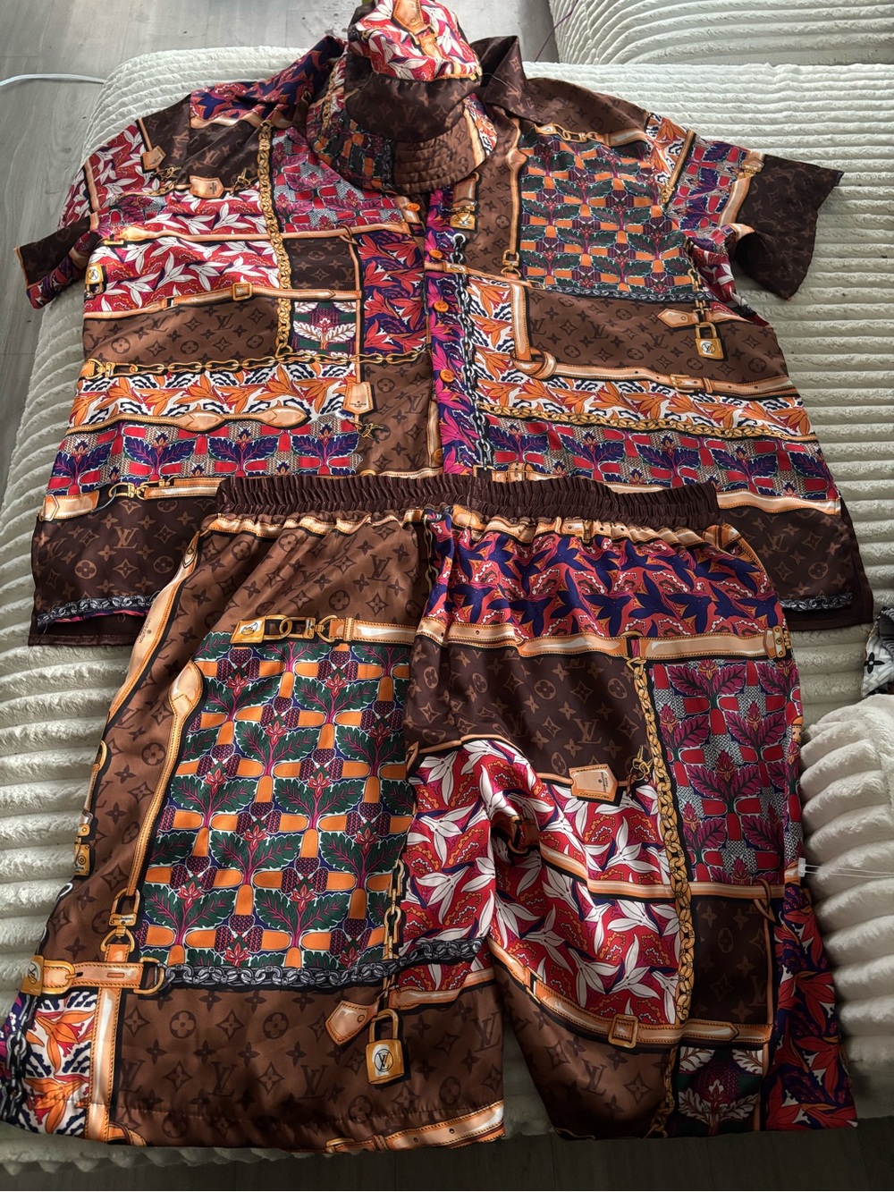 Louis Vuitton Brown Multicolor Patchwork Silk Two-Piece Set
